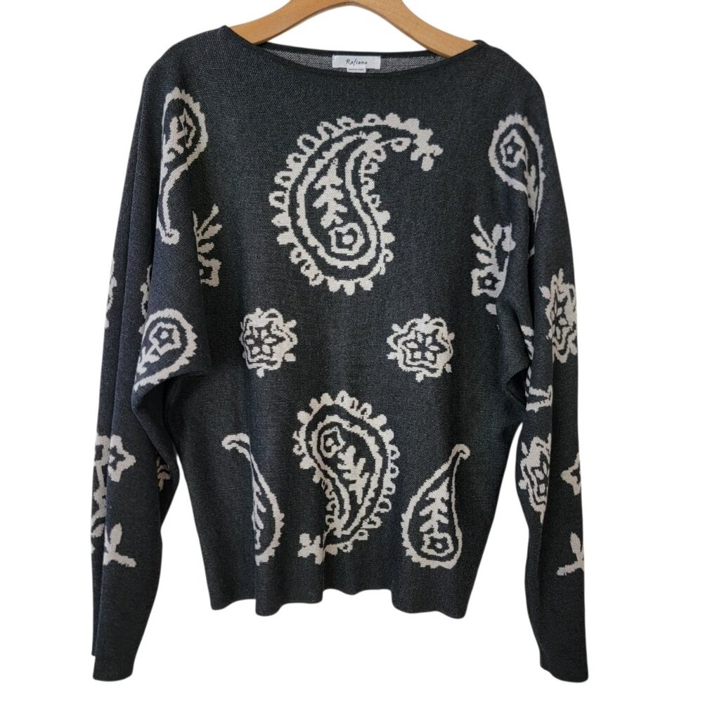 Rafiana Sweatshirt Gray‎ Paisley Print Super Soft Polyester Sz L Career Casual